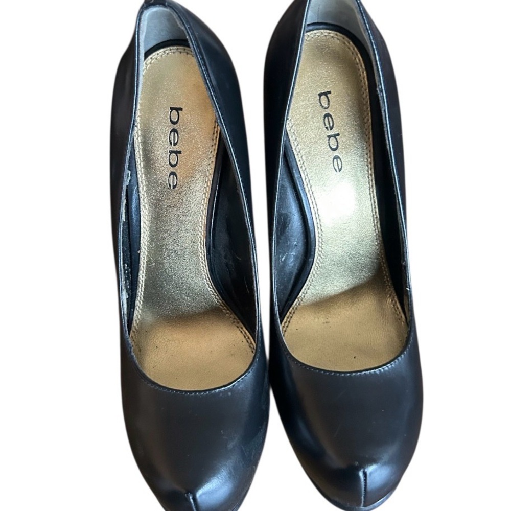 Bebe Platform Heels Size 8 M Black Leather - Picture 2 of 7